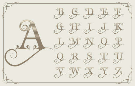 Vintage decorative font for monograms label design with beautiful filigree, retro letter on ancient frame, ornament border, vector illustrationのイラスト素材