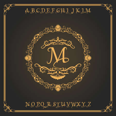 monogram luxury with decorative frame in vintage style and retro border for premium invitation cards or product royal, calligraphic elegant elements, ornament vectorのイラスト素材