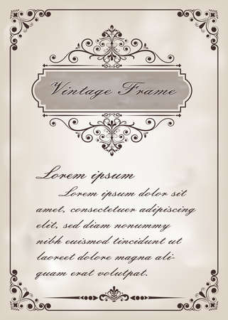 decorative frame in vintage style with beautiful filigree and retro border for premium invitation cards or luxury certificate on ancient background, ornament vectorのイラスト素材