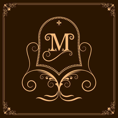 monogram luxury with decorative frame in vintage style and retro border for premium invitation cards or product royal, calligraphic elegant elements, ornament vectorのイラスト素材