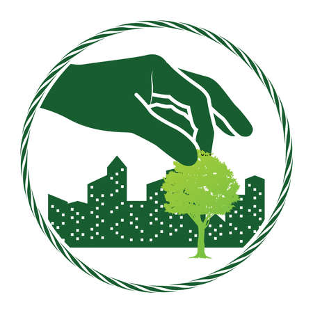green tree sign on human hand with city background. nature icon and ecology conceptのイラスト素材