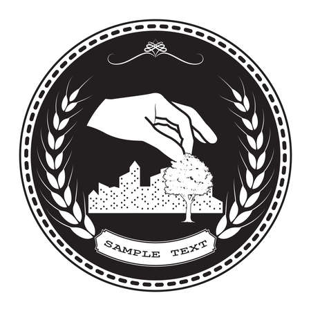tree icon on human hand with city background. nature icon and ecology concept, vector illustrationのイラスト素材