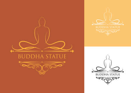 buddha statue in ancient tracery and calligraphic element with vintage frame, The important day of buddhist concept,  vector illustrationのイラスト素材