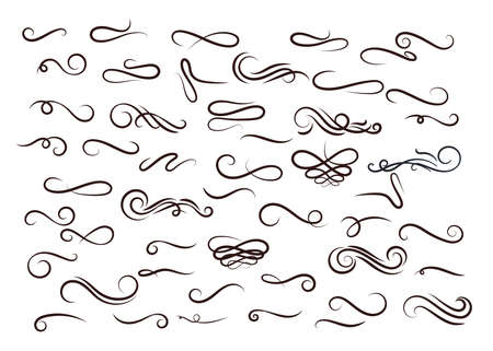 set of hand drawn elements curls and swirl, decorative vintage, frame or border decoration designのイラスト素材