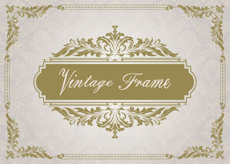 decorative frame in vintage style with beautiful filigree and retro border for premium invitation or wedding card on ancient pattern seamless background, luxury postcard, ornament vectorのイラスト素材