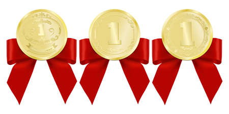 Luxury gold badges and sports medals with beautiful red bow for  premium quality product in vintage style, vector illustrationのイラスト素材