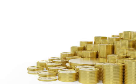 many of coins stack surrounded gold podium isolated on white. Saving money concept, 3d renderの写真素材
