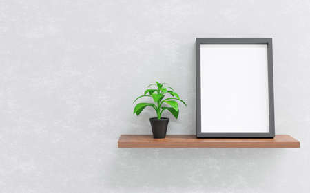 Shelves with black frame and ornamental plants on vase isolated on cement background, 3D render