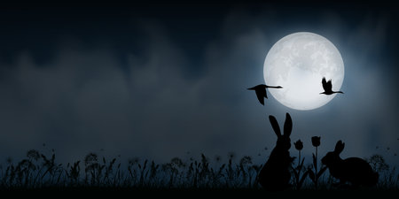 grass silhouette with full moon and rabbit, landscape background, vector illustration