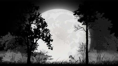 tree silhouette with full moon on landscape background, forest in darkness, vector illustrationのイラスト素材