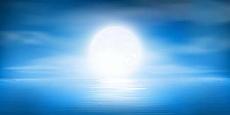 full moon night with clouds on calm sea, ocean vector illustrationのイラスト素材