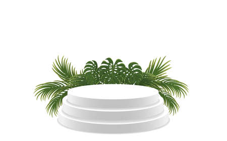 White product display podium with plant leaves. cylinder pedestal on green background, vector illustrationのイラスト素材