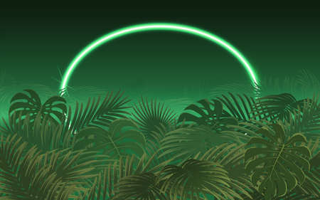 Bright tropical palm leaf with neon frame. jungle plant background vectorのイラスト素材