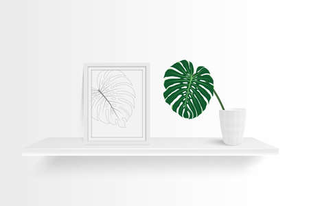 wood frame photo on empty wooden shelf with monstera leaf in white vase on wall background, home decor concept, vector illustrationのイラスト素材