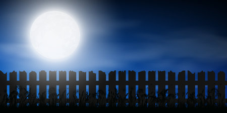 grass silhouette with full moon and wood fence, landscape background, vector illustrationのイラスト素材