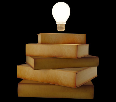 pile of old books with light bulbs, knowledge is light,3d renderの写真素材