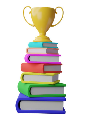 pile of books with trophy, educational achievements, 3d renderの写真素材