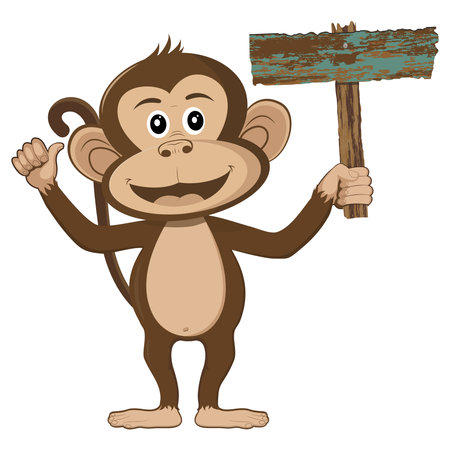 monkey is holding a empty wood sign, monkey cartoon isolated on white background, vector illustrationのイラスト素材