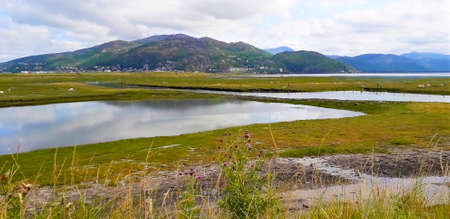 mountain reflection in the water on wetlands Snowdoniaの写真素材
