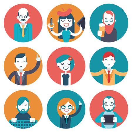 Male and Female Avatars Businessman Director Businesswoman Designer Programmer Geek Hipster character concept icons set modern trendy flat vector illustrationのイラスト素材