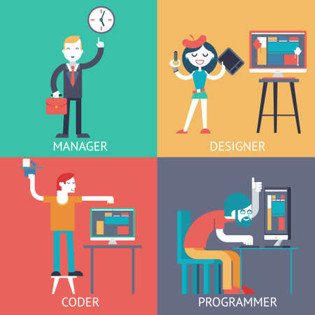 Web development team programming Businessman managerprogrammer coder designer planning Ñoncept icons set modern trendy flat vector illustrationのイラスト素材