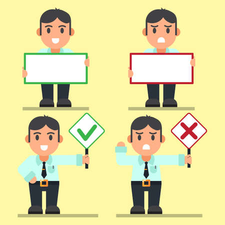 Cute Cartoon Office workers with Right and Wrong Signs, Holding Big Text Sign .のイラスト素材