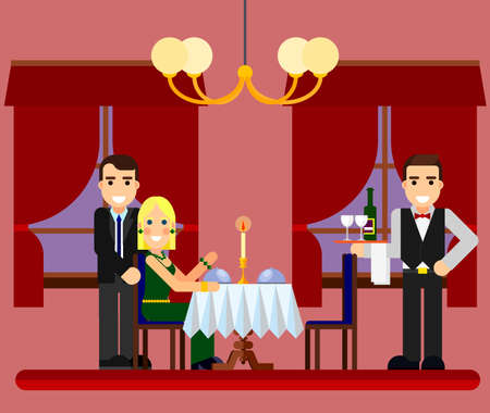 Young romantic couple date in restaurant with waiter and champagne flatのイラスト素材