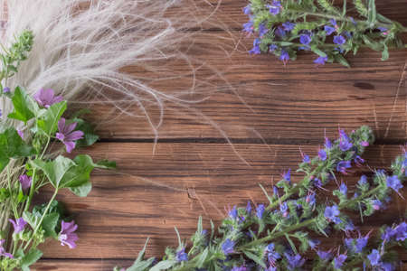 Field Flowers And Stipa on Wooden Backgroundの写真素材