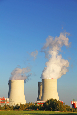 Nuclear power plant Temelin in the Czech Republic. Dusk landscape with big cooling towers.の写真素材