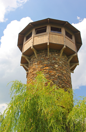 Stone look out tower with wooden extensionの写真素材