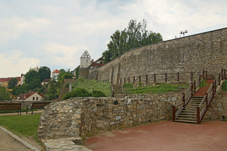 City walls and historic water tower in Tabor, Czechia, Czech Republicの写真素材