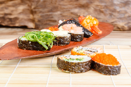 japanese food on wooden prepared for serving mealの写真素材