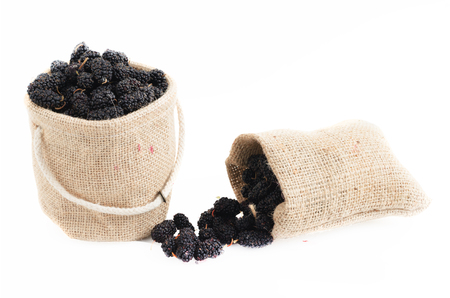 mulberry in sackcloth on white background with clipping path, raspberry, blackberryの写真素材