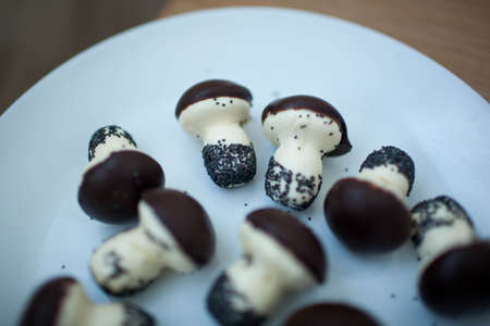 Cookies mushrooms glazed in white and brown chocolate on a white plateの写真素材