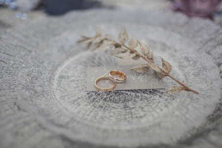 Wedding rings and a branch on a silver plate are sprinkled with snow.の写真素材