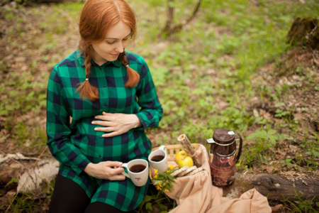 pregnant girl in the woods on a picnicの写真素材