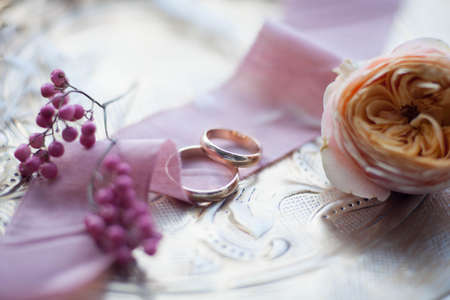 Wedding rings. Wedding symbols, attributes. Holiday, celebration.の写真素材