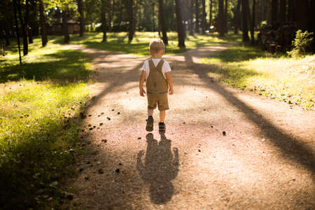 A small child is walking along a path in the forest.