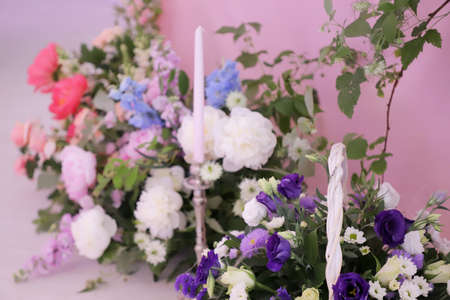 Elements of the wedding ceremony. Wedding decoration. Wedding table decoration with flowersの写真素材
