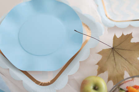 Very beautiful holiday disposable tableware in blue.の写真素材