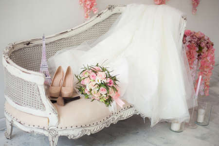 Delicate wedding bouquet of white and pink roses.Delicate wedding bouquet of white and pink roses. Close upの写真素材