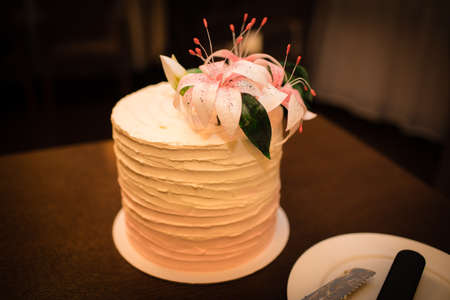Multi-tiered white wedding cake with figures of the bride and groom.