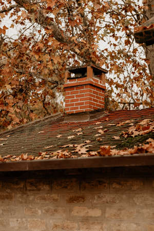 dried leaves and brick chimney on roof in autumn