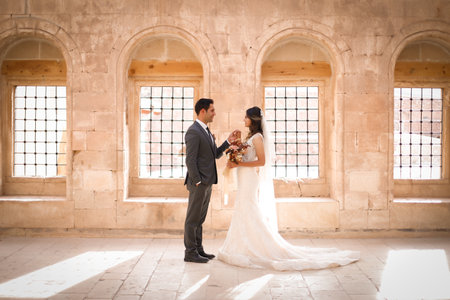 Beautiful wedding couple, bride and groom posing in the old castleのeditorial素材