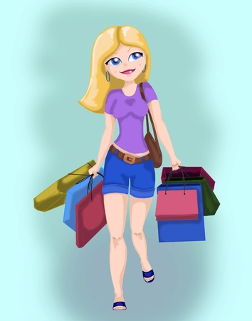 Illustration of a beautiful blond girl shopping with lots of bagsの写真素材
