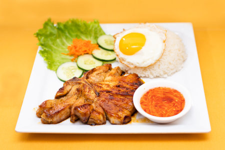 Vietnamese Grilled Pork Chop with Broken Rice and Eggの写真素材