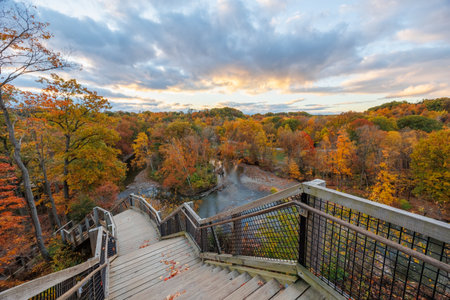 Sunset Over Autumn Valley from Wooden Lookoutの写真素材