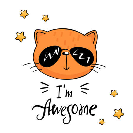cool cat with lettering hand drawnのイラスト素材