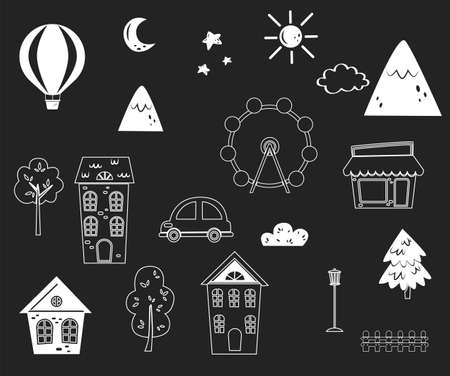 city icons on black background. stickers for the interior. houses, cars, sun, moon, mountains treesのイラスト素材