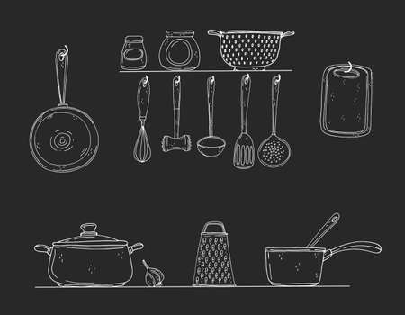 Background with hand drawn kitchenware on a chalkboard. Vector icons in black and white sketch style. Hand drawn isolated objectsのイラスト素材
